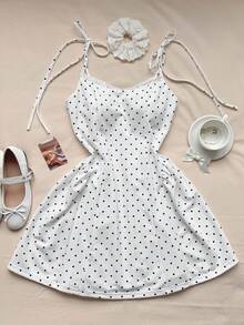Comfortcana Women's Polka Dot Print Contrast Lace Camisole Mini Dress Vacation White With Black Polka Dots Summer Golf Sexy - Black - View 6