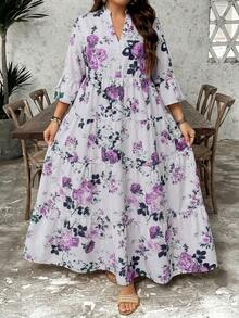 SHEIN LUNE 大码女式碎花V领七分袖宽松休闲连衣裙 - 彩色 - 查看 1