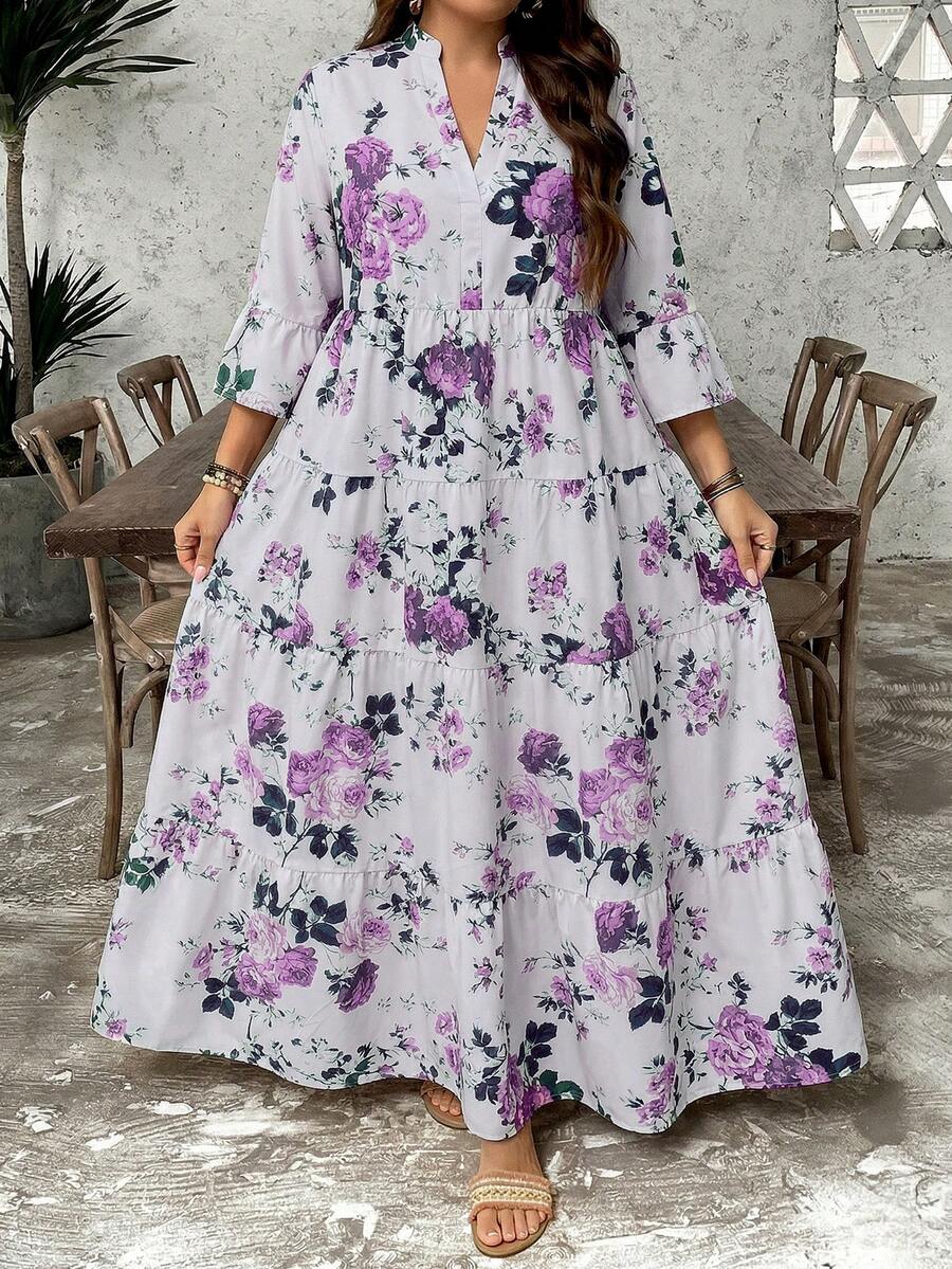 SHEIN LUNE 大码女式碎花V领七分袖宽松休闲连衣裙 - 彩色 - 查看 1