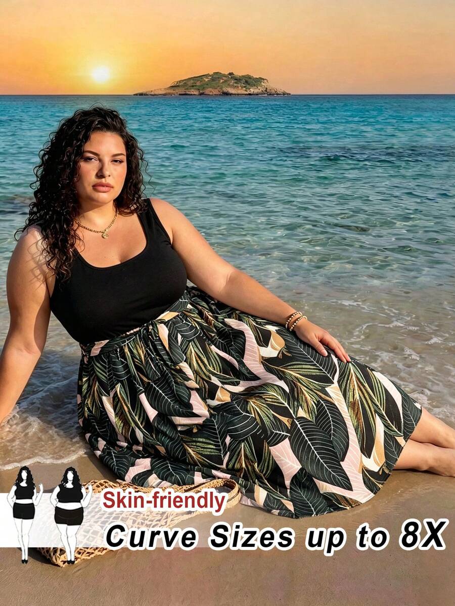 SHEIN CURVE+ 加大码热带印花系带连衣裙，沙滩连衣裙，度假波西米亚风