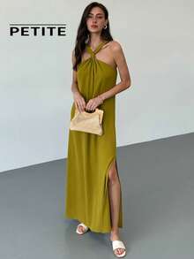SHEIN Aloruh Petite 娇小女款春夏新款度假风露背A字超长绿色连衣裙 - 綠色 - 查看 6