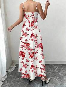 女士印花收腰优雅吊带连衣裙 - 紅色 - 查看 2