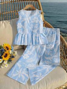 SHEIN Sparklyn Tween Girl Vacation Floral & Palm Tree Print Button Ruffle Hem Tank Top And Casual Pants Set - Baby Blue - View 3