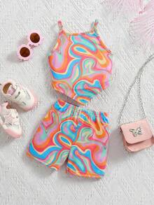 SHEIN Baby Girl Cute Floral Knit Vest & Shorts Set, Summer - Multicolor - View 1
