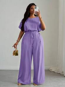 Slaydiva Setelan Wanita Ukuran Plus 2 Potong: Atasan Crop Longgar Ungu dengan Bahu Jatuh dan Tali Serut di Bagian Bawah & Celana Panjang Lebar dengan Saku, Pakaian Kasual Cerdas Musim Panas untuk Sehari-hari - Mauve Purple - View 8