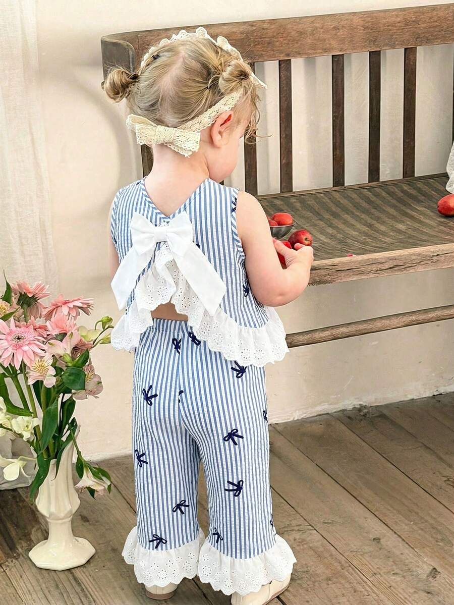 LMoss Kids 2件套女婴条纹蝴蝶结撞色蕾丝露背蝴蝶结上衣和裤子套装，适合春夏季节穿着 - 彩色 - 查看 1