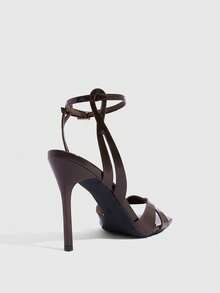 CUCCOO SZL Dark Brown Patent Leather Cross-Strapped Square Sandals, Commuter Dating Heels Summer Shoes - coffee color - View 3