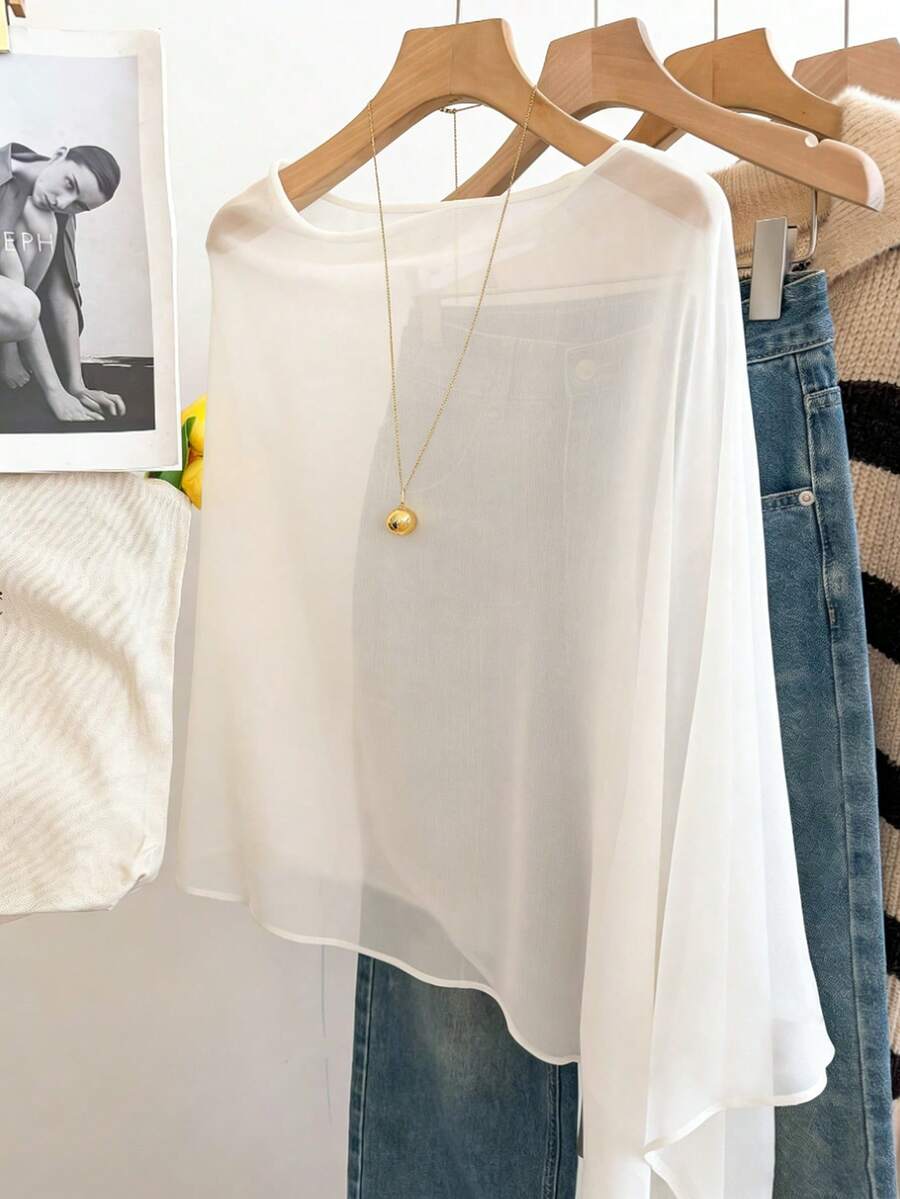 Franclia Blusa de mujer de manga larga, suelta y fluida de gasa - Beis - Ver 1