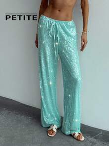 SHEIN Aloruh Petite PETITE 女款夏季新款薄荷蓝优雅休闲海滩度假波西米亚热带风情亮片拼接抽绳腰带亮片裤 - 薄荷藍 - 查看 5