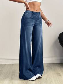 SHEIN Tall Tall Women's Front & Middle Patchwork Washed Loose Wide-Leg Jeans - Dark Wash - View 5