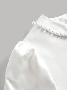Pitira 少女连衣裙，香槟色/杏色，泡泡袖，A字廓形，圆领，串珠领口，前褶设计，中长款正式礼服，优雅可爱，适合派对、婚礼、庆典等场合。 - 杏色 - 查看 5