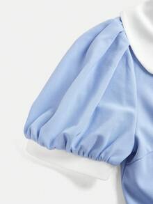 SHEIN Pitira Teen Girl & Teen Girls' Spring/Summer/Autumn Blue Knit Collared Button Contrast Color Waist Fit & Flare Dress, Elegant & - Blue and White - View 6