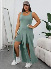 SHEIN Essnce 大码夏季休闲纯色高开衩无袖长款上衣和短裤两件套 - 薄荷綠 - 查看 3