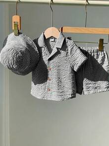 SHEIN Bộ 3 món áo sơ mi ngắn tay kẻ sọc xanh lá cây dễ thương cho bé trai/bé gái, quần áo trẻ em mùa xuân/hè, trang phục lễ Phục sinh. - Đen và trắng - Xem 3
