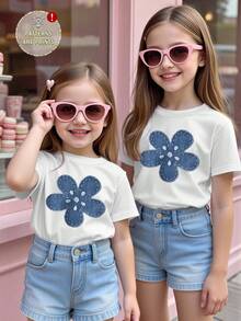 Áo thun ngắn màu trắng cơ bản, chất liệu denim xanh, in họa tiết hoa, phong cách thường ngày, sáng tạo, cá tính, tươi mới, cao cấp, thích hợp cho mùa xuân và hè, thoải mái cho bé gái tuổi teen. - trắng - Xem 8