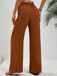 SHEIN Tall Women's Khaki Casual Vacation Style Elastic Waist Drawstring Straight Leg Pants - Brown - View 2