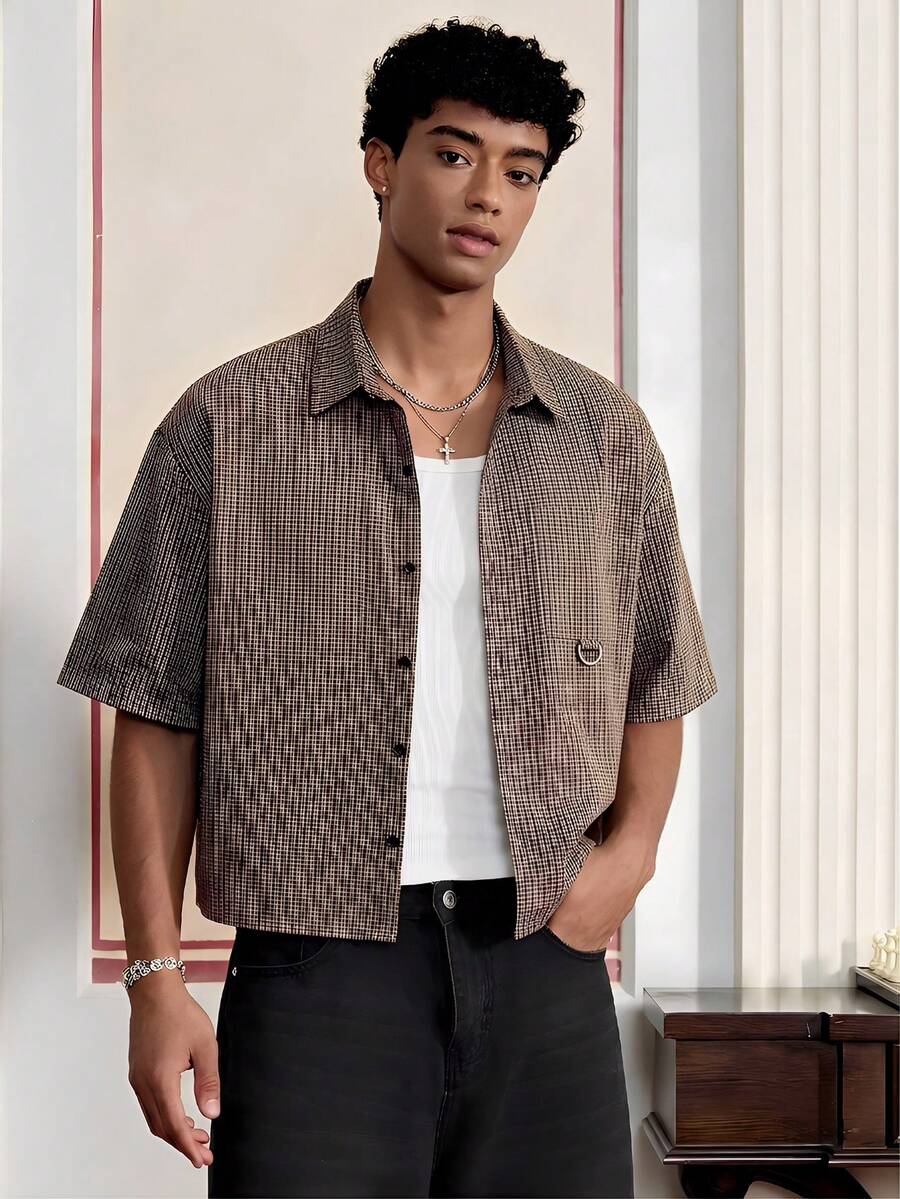 SWAVVY Áo sơ mi kẻ caro nam kiểu dáng thường ngày, phong cách sinh viên. - Màu Khaki - Xem 1