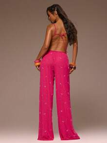 MUSERA Bộ đồ gồm áo lưới hai dây xếp ly đính sequin và quần ống rộng cạp thấp, thích hợp cho mùa xuân hè, đi nghỉ mát, đi chơi tối, dự tiệc, phong cách Golden Sands. - Màu Hồng Tươi - Xem 4