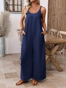 Women's Solid Color Pocketed Wide Leg Jumpsuit, Vacation Wear - Navy Blue - View 5