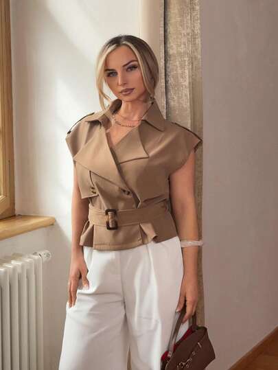 Jeta Ari 卡其色翻领系带长款风衣，复古外套，冬季外套，节日装