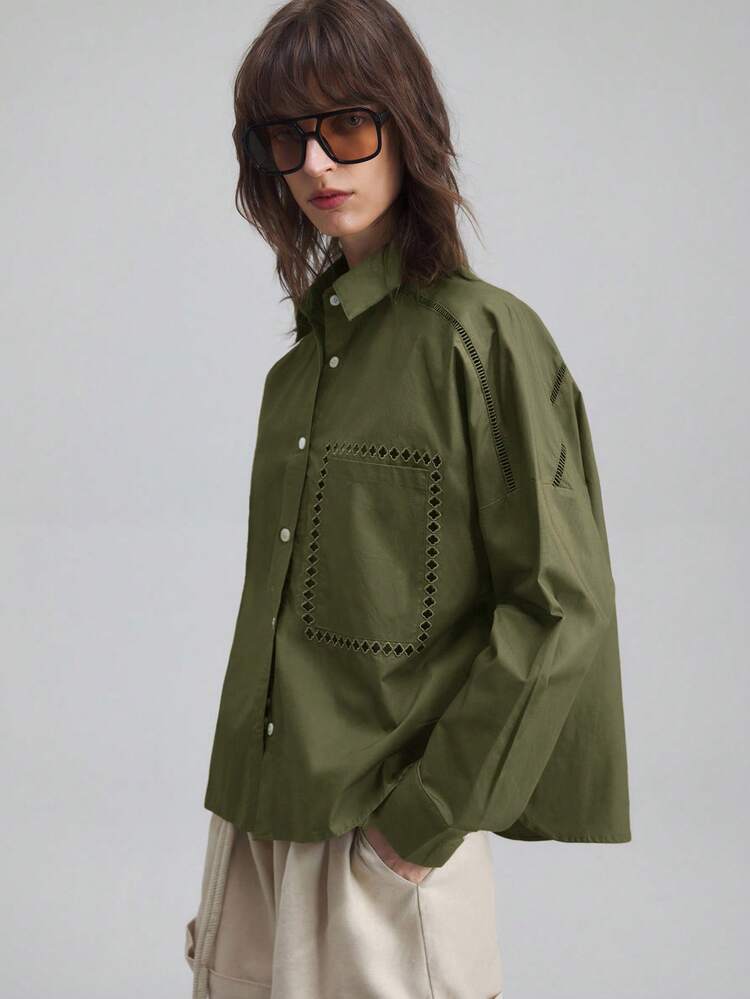 2026 New Summer Women's Long Sleeve Embroidered Blouse, Casual Loose Shirt With Mandarin Collar, Hollow Embroidery Design, Vacation Style Business Casual Wear For Women, Office Attire For Female Teachers