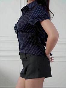 Criza Taa Dark Grey Solid Brushed Twill Button-Decorated Low-Waist Casual Shorts. Fashionable Versatile/Girlfriend Gathering/Office Siren/Greyscale Casual Shorts/Going Out Shorts/Vintage Style/Casual Shorts/Twill Shorts,Business Casual Woman,Fall Clothes For Women - Dark Grey - View 4