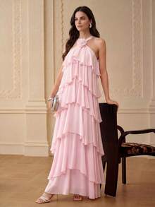 ZEYLAH 立體花細節分層荷葉邊露背連衣裙 - 粉色 - 查看 2