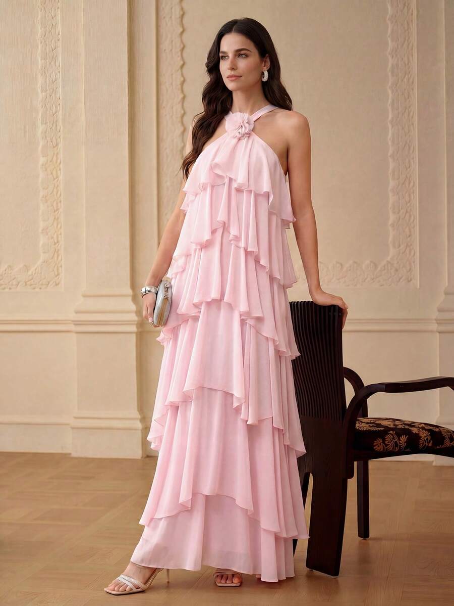 ZEYLAH 立體花細節分層荷葉邊露背連衣裙