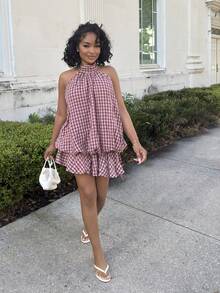 Alexandranx 女士夏季时尚格子荷叶边吊带露背迷你连衣裙 - 酒紅色 - 查看 3
