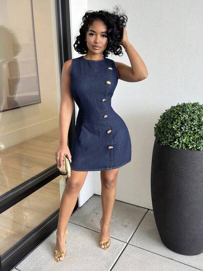 Alexandranx Đầm denim nữ, cổ tròn, không tay, ôm eo, cài cúc phía trước, đầm ngắn thường ngày, đầm denim nữ, đầm denim màu xanh đậm. Kiểu dáng thanh lịch, thích hợp cho các bữa tiệc.