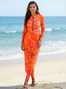 Swim Shayni Women's Floral Print Long Sleeve Zipper Front Jumpsuit Burkini Set With Coverup And Skirt, Vacation - Orange - View 3