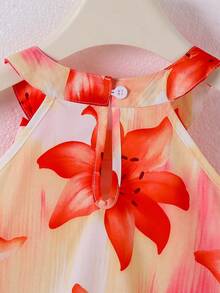 SHEIN Bộ đồ 2 mảnh thời trang mùa hè cho bé gái 4-7 tuổi, họa tiết hoa dâm bụt, gồm áo hai dây và quần short. - Đỏ - Xem 6