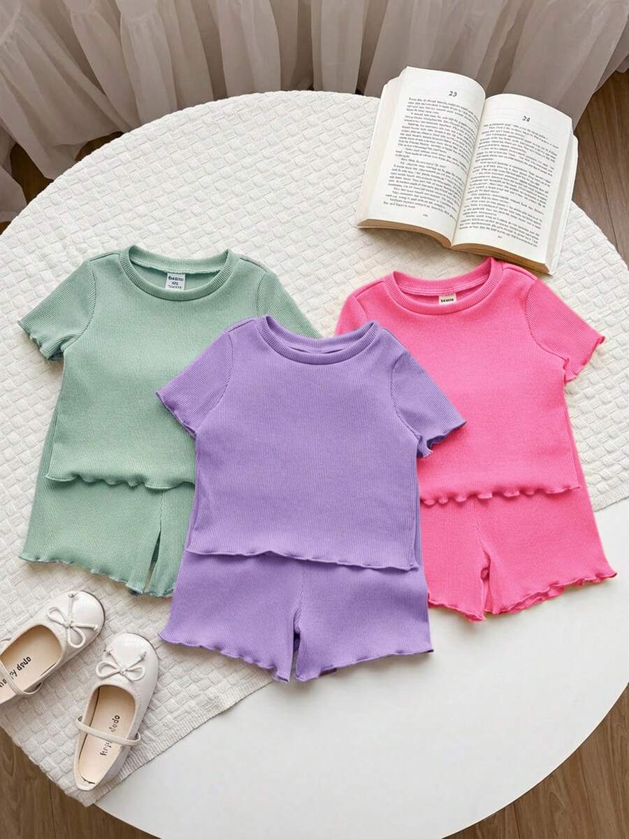 SHEIN LMoss Kids LMoss 6件套女婴纯色针织短袖上衣和松紧腰短裤休闲套装 - 彩色 - 查看 1