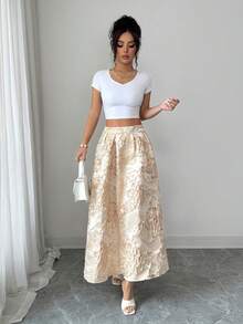 SHEIN Elenzya Falda acampanada de jacquard elegante y romántica para vacaciones, oficina y fiestas en color albaricoque - Albaricoque - Ver 5