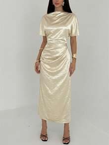 Aloruh Vestido largo elegante de mujer con cintura ceñida de unicolor - Beis - Ver 4