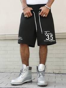 Manfinity Roghcode Young Street Style, Double Waistband Design, Letter Print Grey Men Football Shorts - Grey - View 4