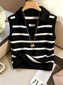Áo vest dệt kim cổ bẻ kẻ sọc thanh lịch, kiểu dáng thường ngày dành cho nữ - màu đen - Xem 3