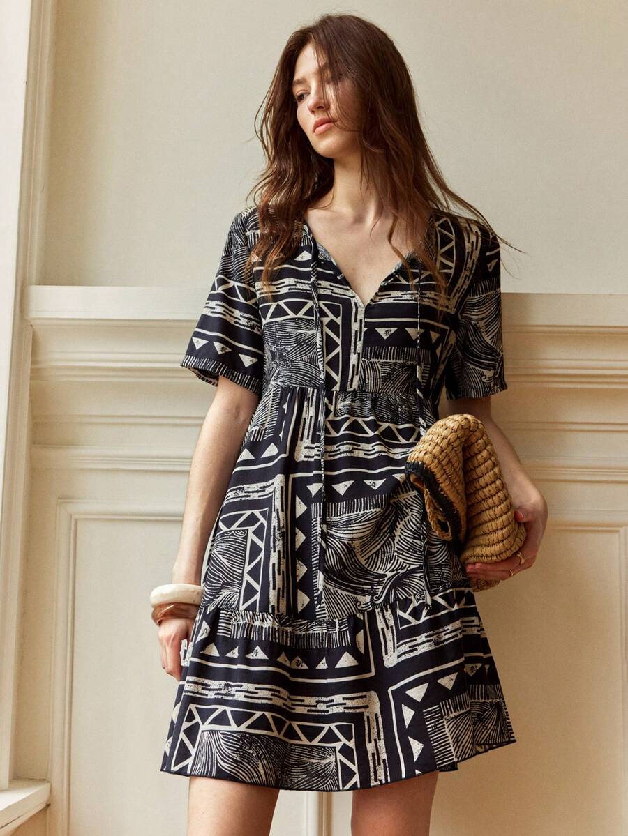 Écloséra 女士时尚休闲V领印花及膝衬衫裙，女士沙滩度假连衣裙 - 黑色 - 查看 1