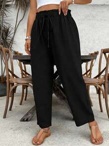 SHEIN VCAY Plus-Size Women's Black Loose-Fitting Striped Casual Pants, With A Drawstring Waist And Ruffled Hem. - Black - View 6