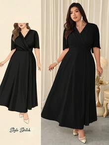 Firerie Plus Size Women's Fashionable Solid Color Wrap Around Pleated Dress - Black - View 1