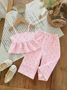 Babygirl Cute Vacation Casual Striped Bow Decor Camisole & Elastic Waist Pants Set - Baby Pink - View 9