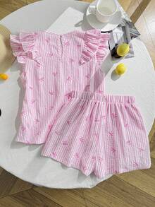 SHEIN 青少年女孩休閒極簡舒適圓領荷葉邊上衣與長褲兩件套 - 粉色 - 查看 2