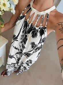 DAZY Rochie de plajă lejeră, cu model A, casual, cu scobituri, stil de vacanță, imprimeu francez albastru, lungime lungă, rochii de primăvară și vară pentru femei - Alb-negru - Vizualizare 3