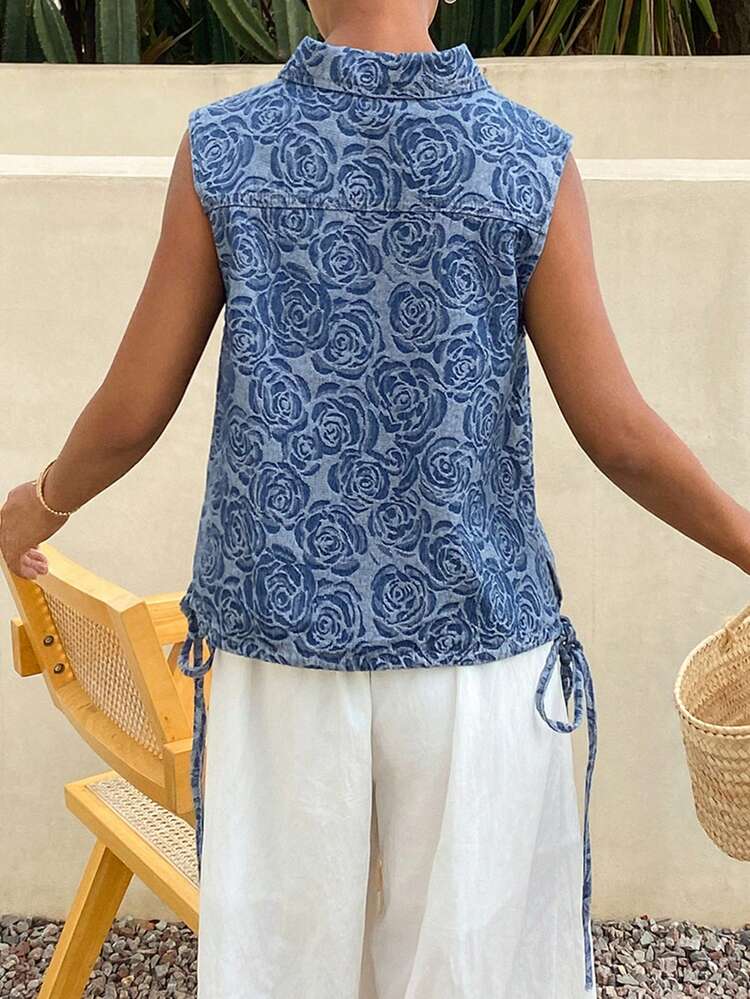 Women's All-Over Print Casual Versatile Denim Top For Daily Wear
