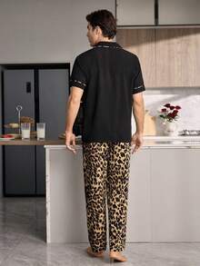 CoupledUp Men's Collared Solid Color Short Sleeve Top And Leopard Print Pajama Pants Set - Multicolor - View 6