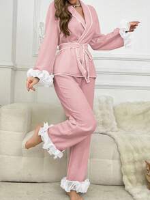 SHEIN 女士网纱拼接上衣和裤子休闲家居服套装 - 粉色 - 查看 6