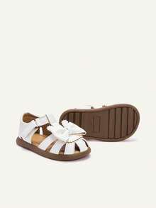 Cozy Pixies Một đôi sandal mùa hè đa năng, phong cách đồng quê, thoải mái, đế mềm mại, khoét rỗng, kiểu dáng giản dị, có nơ hình thỏ dễ thương, màu nâu, đế bằng cho bé gái, thích hợp cho mùa lễ hội. - trắng - Xem 3