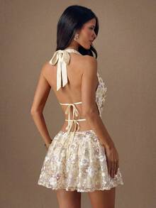 SHEIN BAE Đầm ngắn gợi cảm bằng vải lưới đính sequin, cổ khoét sâu, hở lưng, buộc dây phía trước, phong cách đi biển dành cho nữ. - Màu be - Xem 2