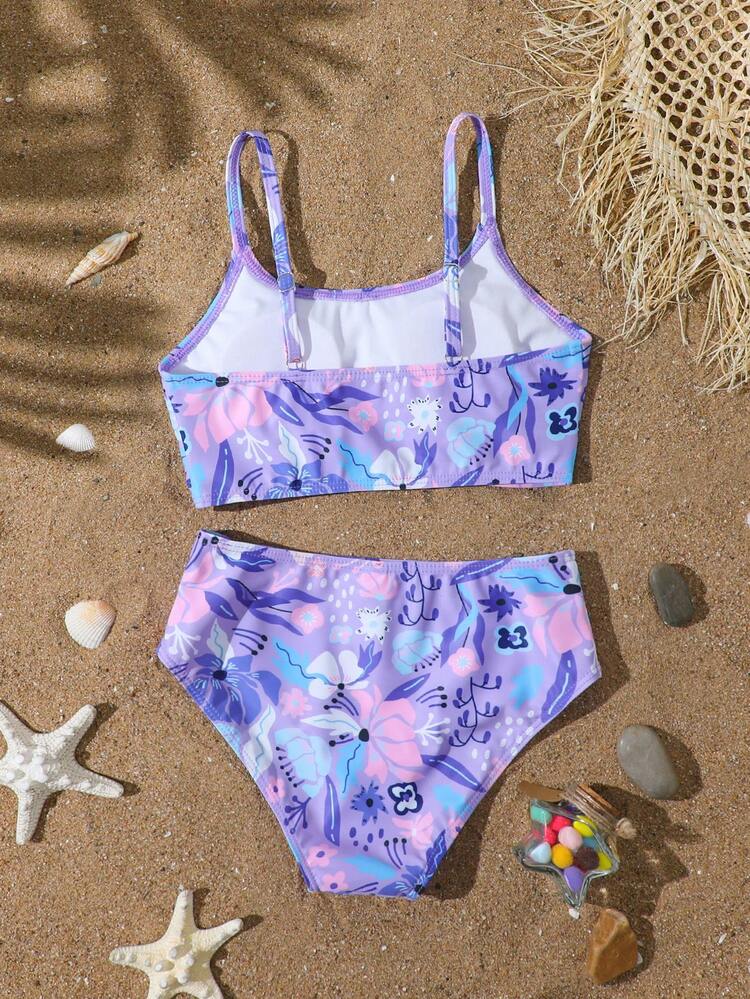 SHEIN Tween Girl Tropical Floral Print Bikini Set - Purple & Pink, Adjustable Spaghetti Strap Top, Modest Triangle Bottoms With Lining, Comfortable & Chic For Swimming, Pool, Surfing, Vacation, Holiday, Beach - Purple - View 2