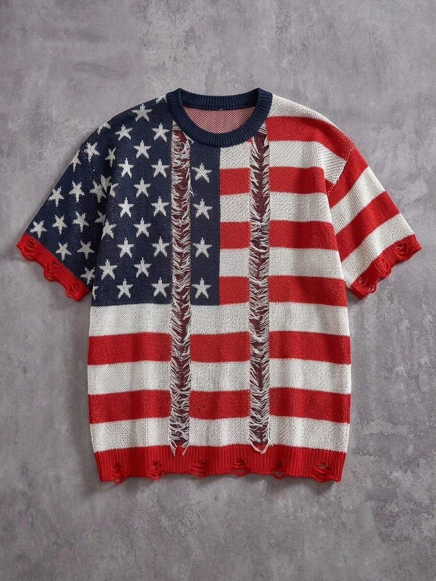 Manfinity EMRG 男士休闲美国国旗图案做旧短袖针织上衣，夏季 - 紅色 - 查看 1